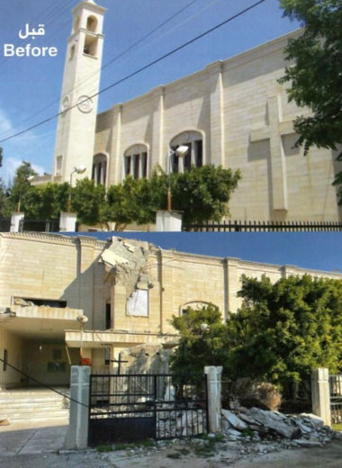 Die Pfarrkirche in Alma Sha’b vor und nach einem Luftangriff.